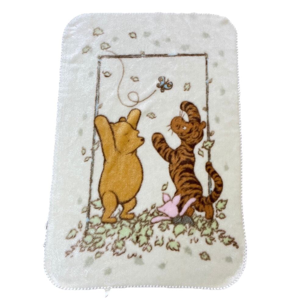 Vintage Classic Pooh Baby Blanket Tigger Piglet Leaves White Cream Fleece - READ
